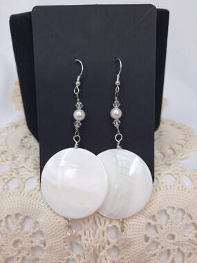 Mother of Pearl Disc Earrings Dangle Artisan Made Crystal Accents Silver Plated